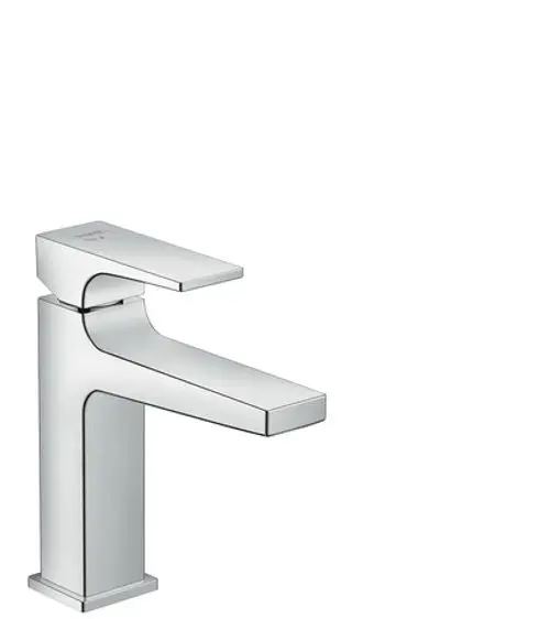 Chromfarbener Einhebel-Waschtischmischer von Hansgrohe mit einem Hebelgriff und einer Push-Open Ablaufgarnitur. Klar gestaltetes, modernes Design.